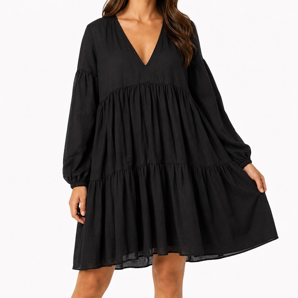 Boden Midi Dress Women 6L Pleated Tiered Balloon Sleeve Minimalist Boho Festival